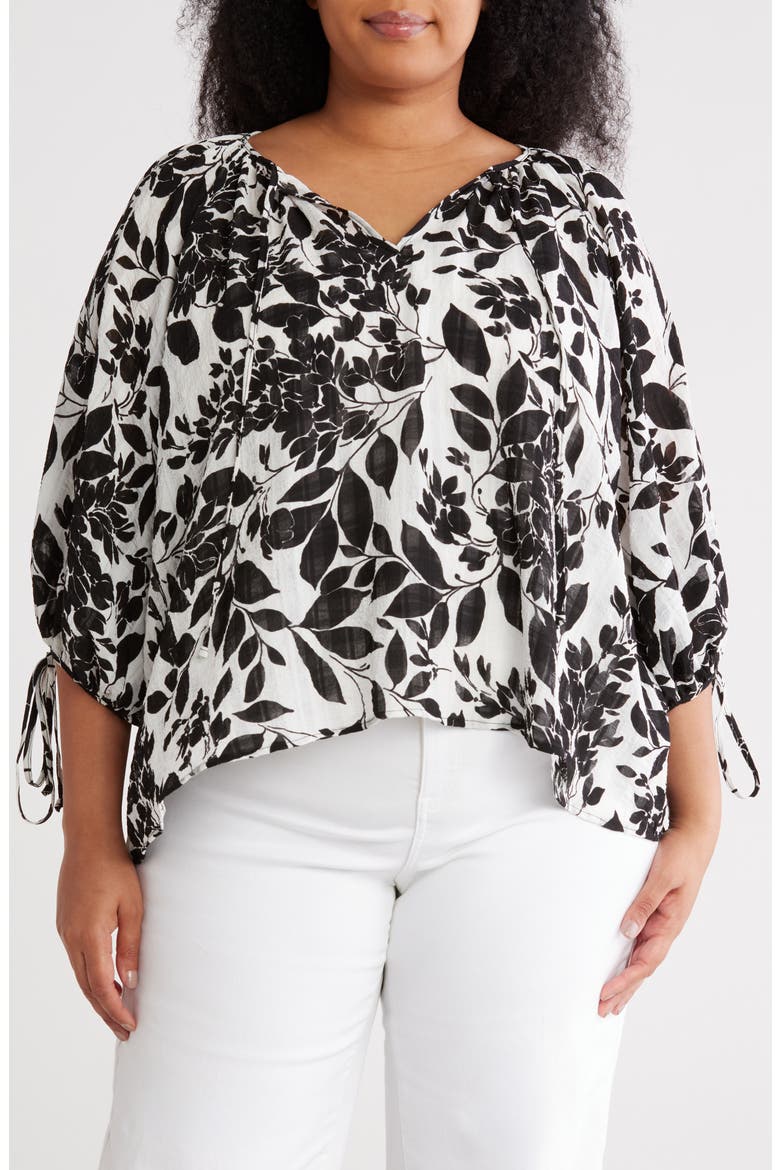 Floral Tie Sleeve Top, Main, color, BLACK/ WHITE