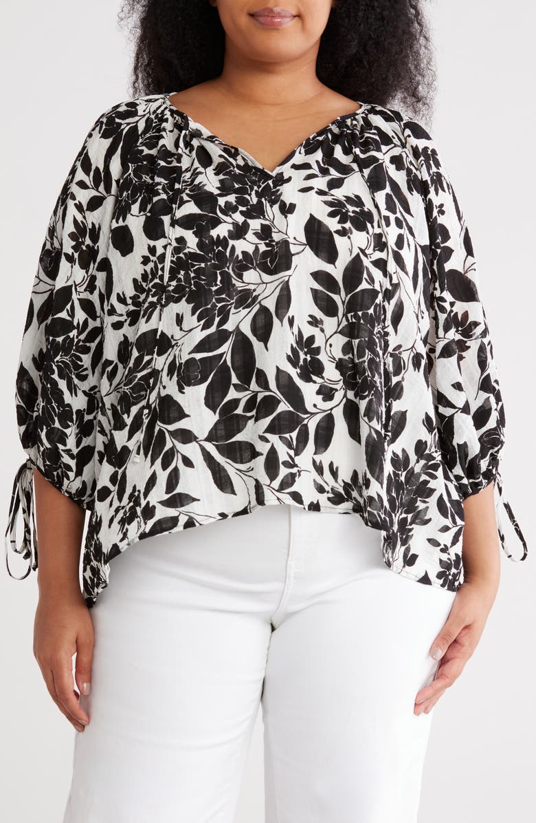 Renee C Floral Tie Sleeve Top, Main, color, Black/ White