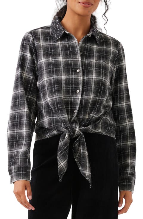 Embellished Collar Plaid Tie Front Shirt