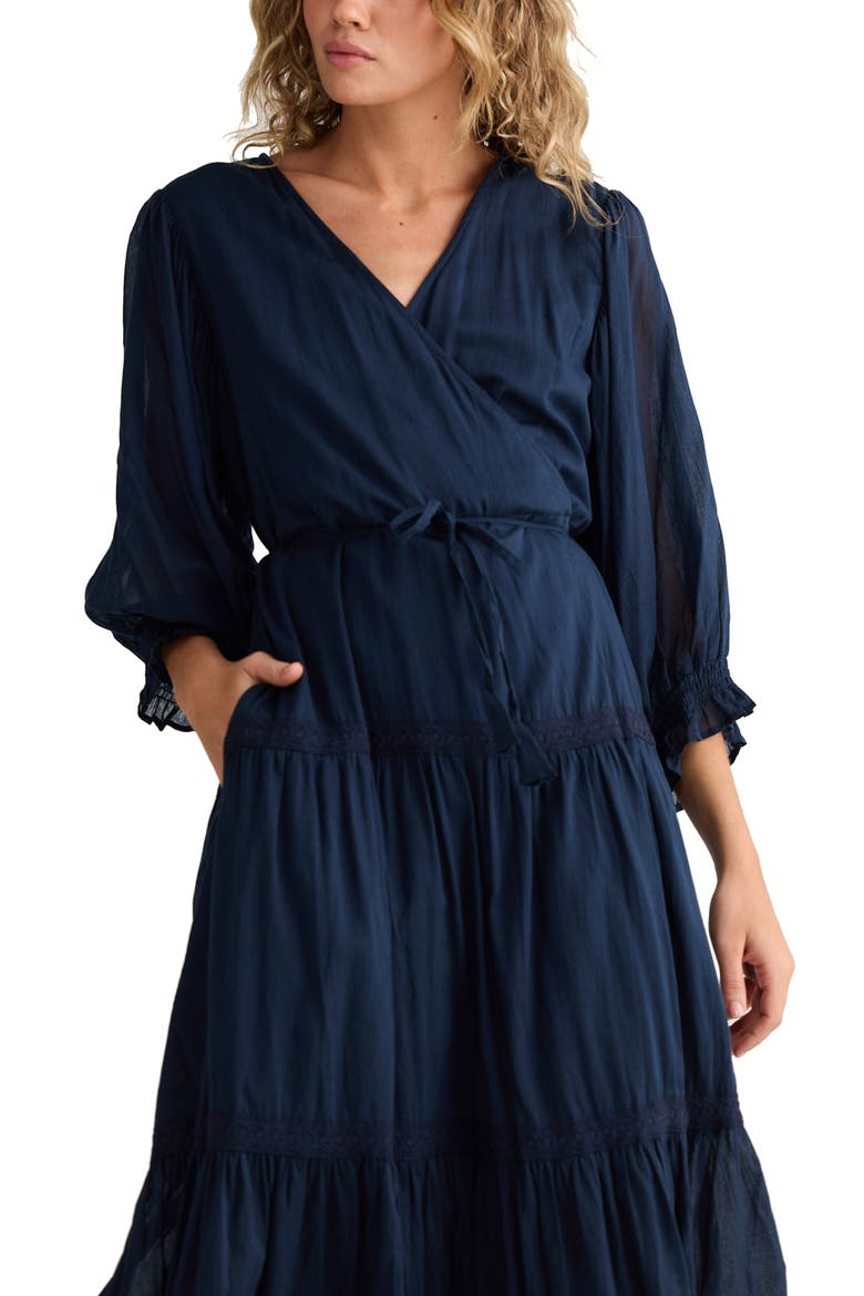 Lunar Wrap Front Tiered Cotton Dress, Alternate, color, NAVY