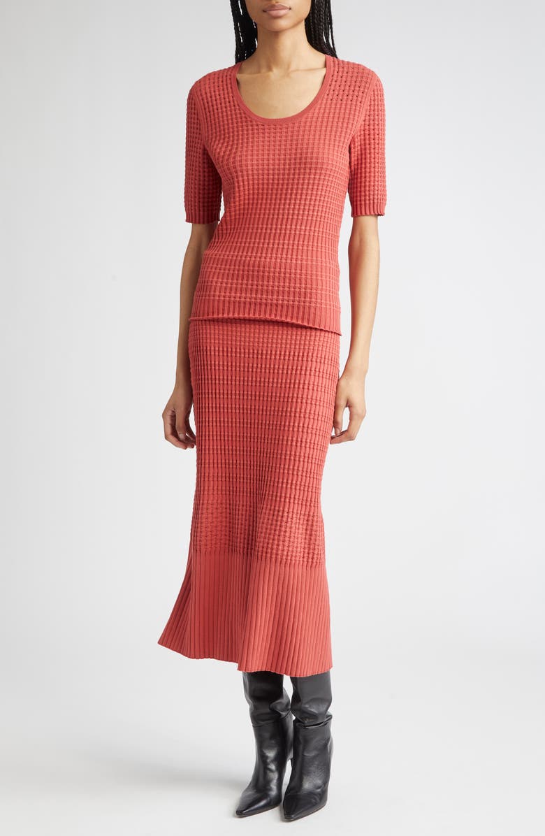 Lafayette 148 New York Mixed Stitch Short Sleeve Sweater, Alternate, color, Red Brick