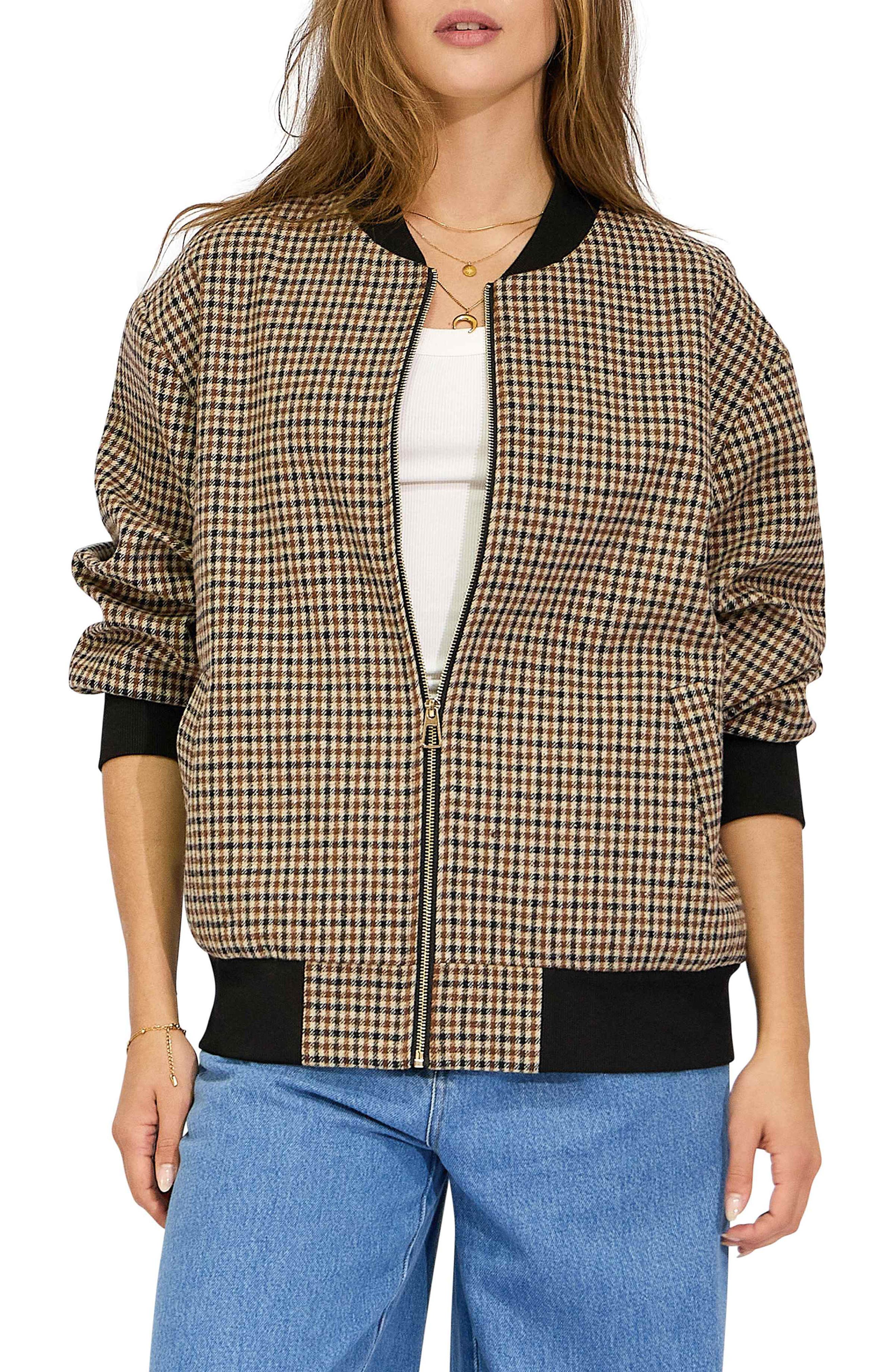 Coffee Run Check Wool Blend Bomber Jacket