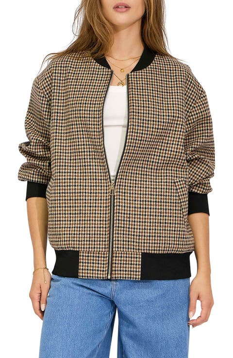 Coffee Run Check Wool Blend Bomber Jacket