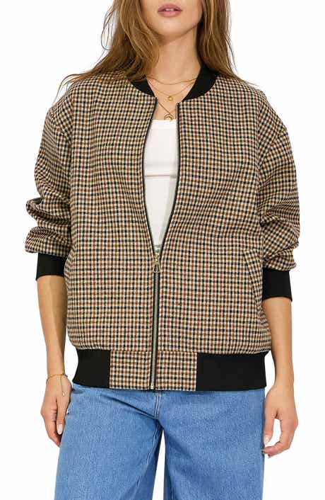 Coffee Run Check Wool Blend Bomber Jacket