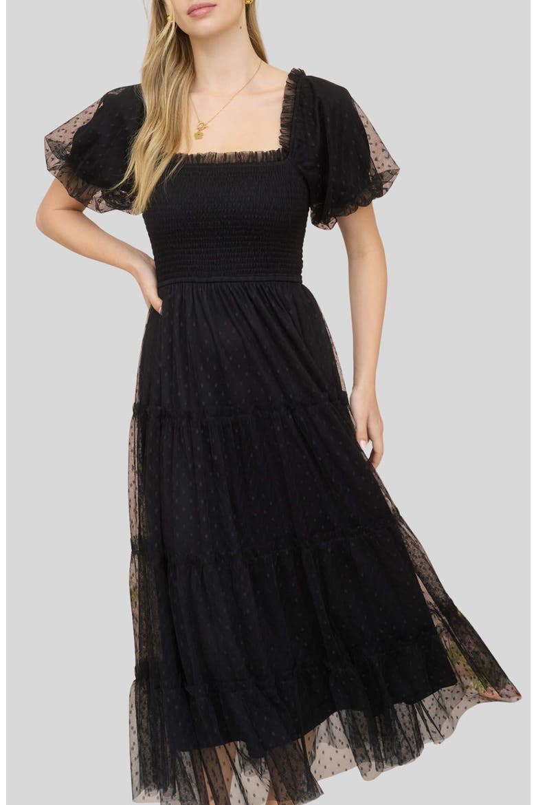 Puff Sleeve Midi Dress, Alternate, color, BLACK
