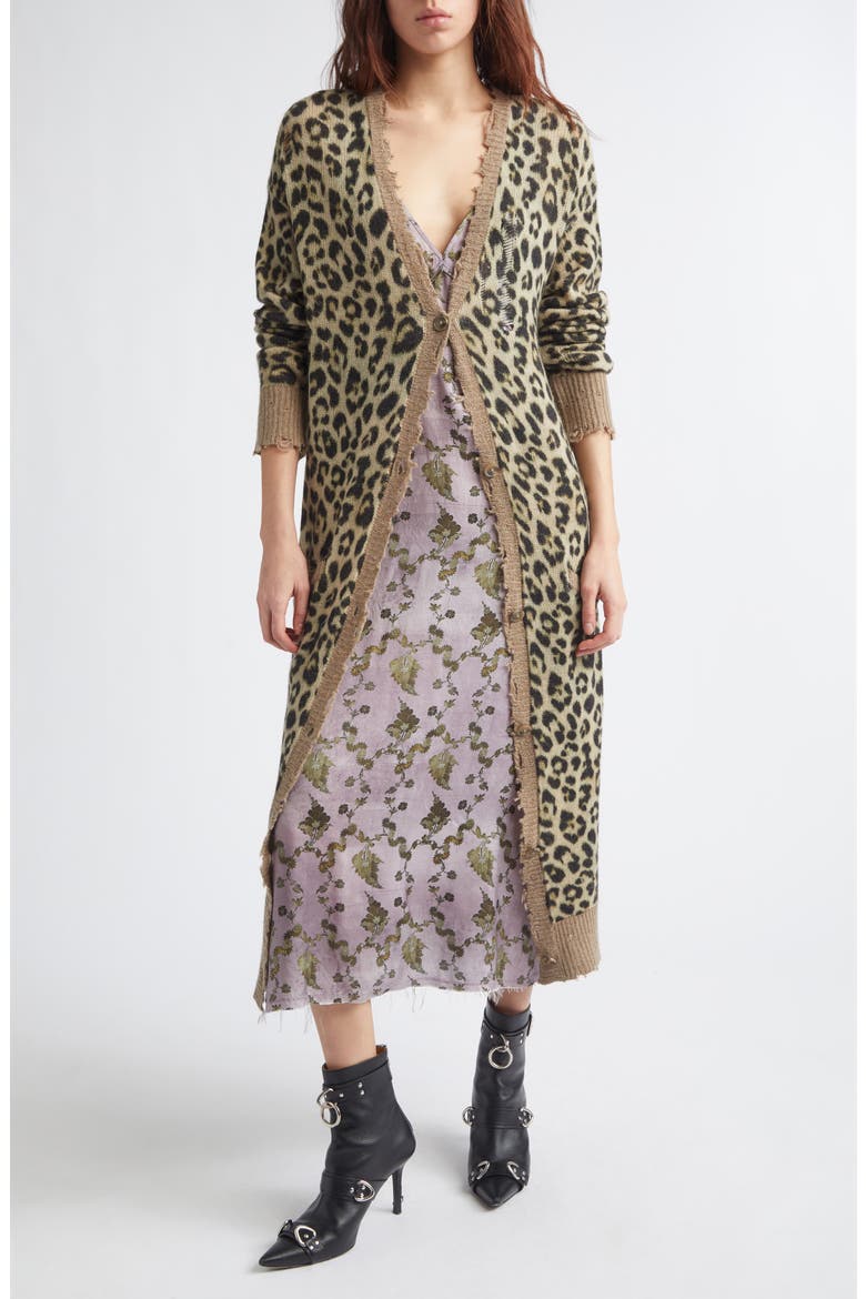 Distressed Leopard Print Long Cashmere Cardigan, Alternate, color, LIGHT BROWN LEOPARD