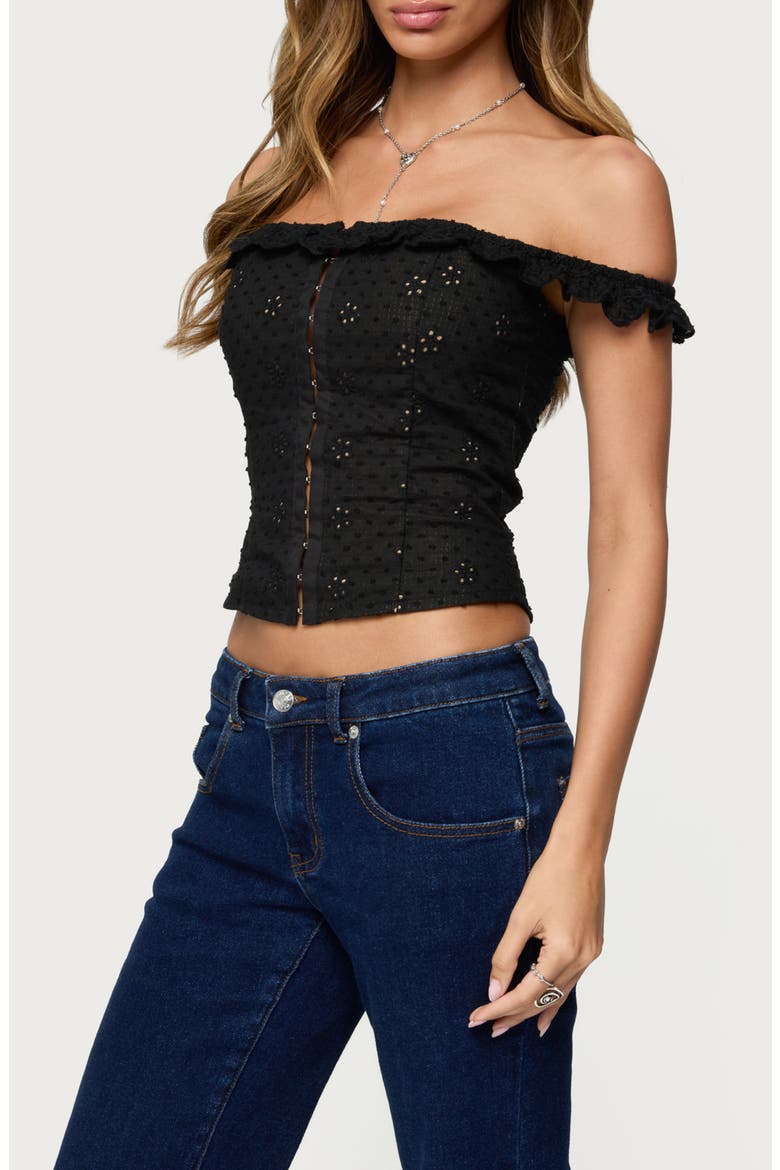Jordana Ruffle Eyelet Off the Shoulder Crop Top, Alternate, color, BLACK