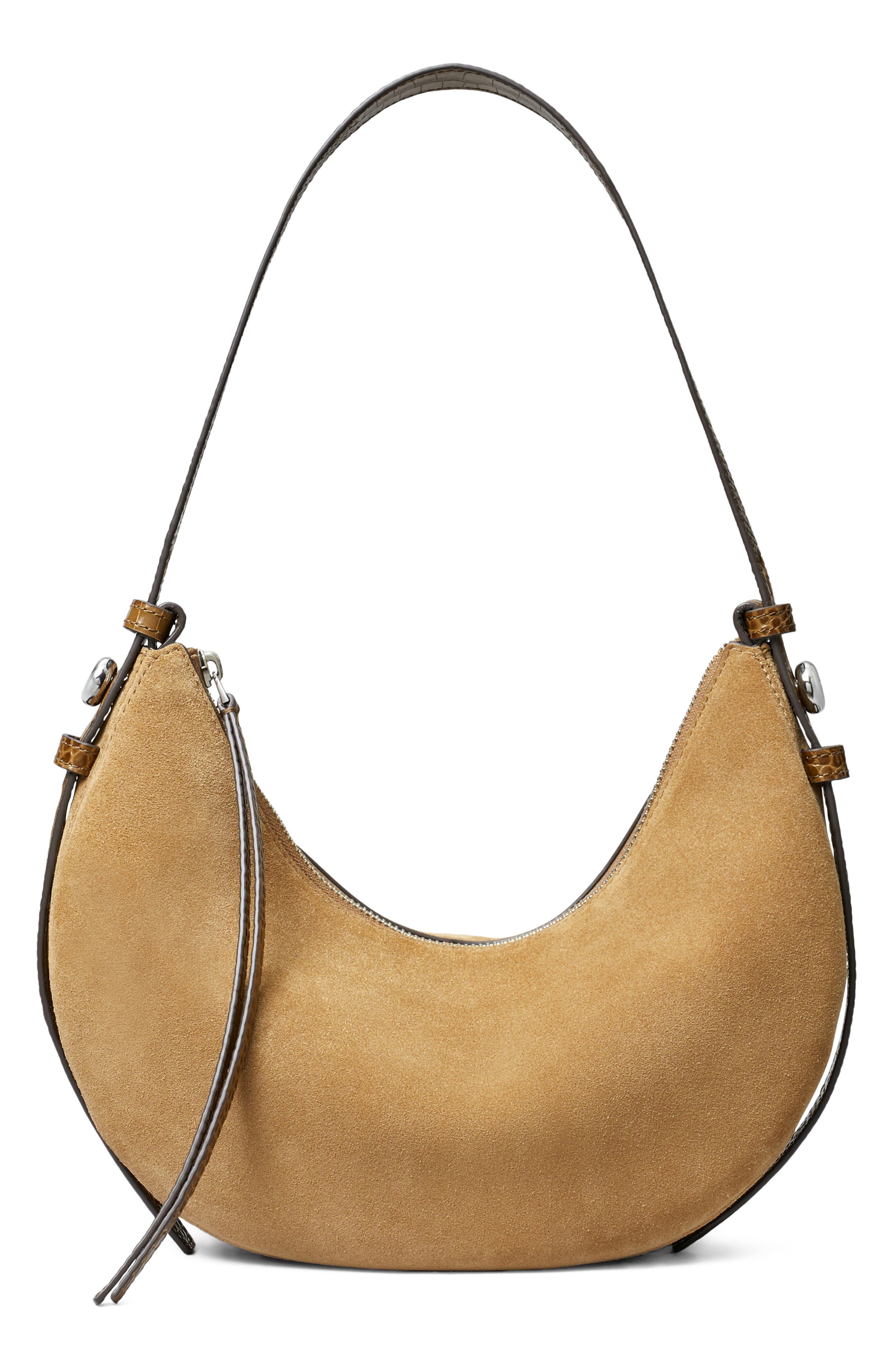 Romy Suede Half Moon Shoulder Bag, Main, color, STONE