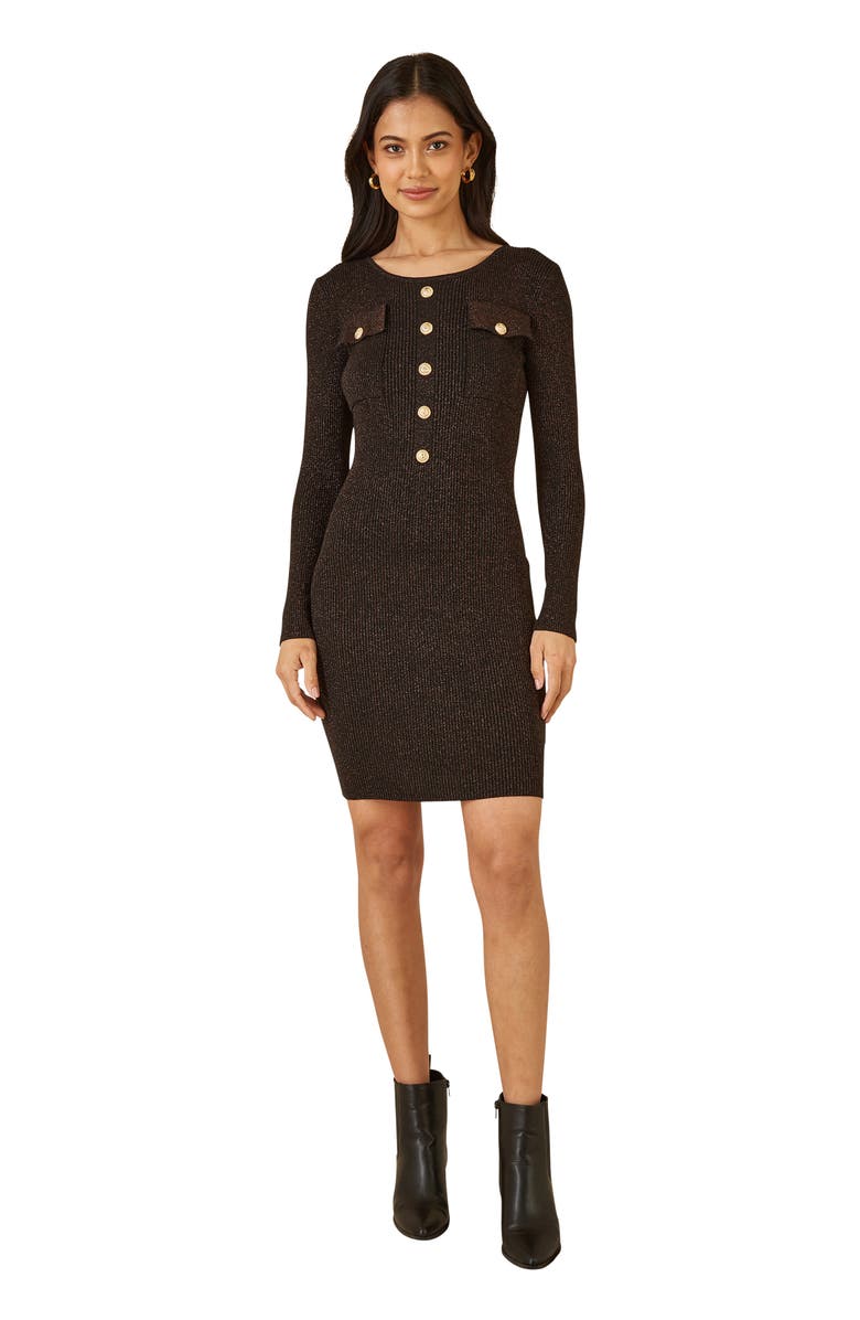Yumi Metallic Fitted Military Knit Dress, Main, color, Black