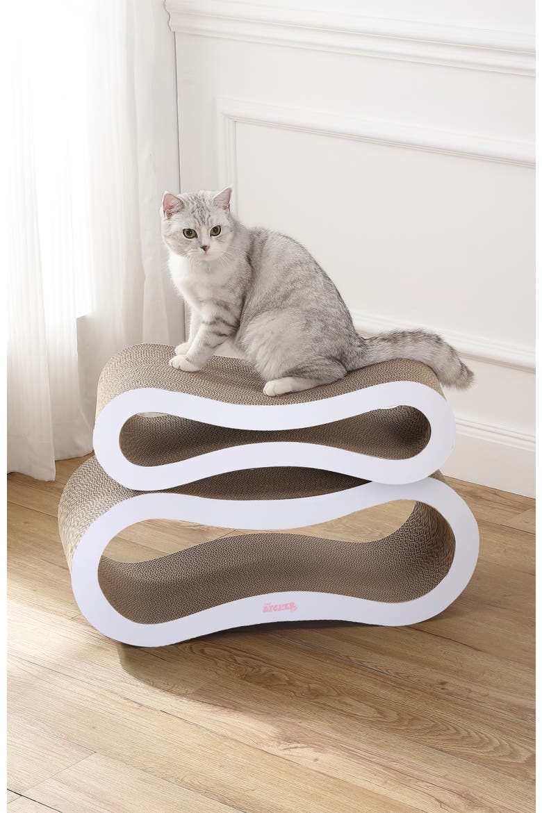 Suvi Modern Cardboard Infinity 2-in-1 Lounge Bed Cat Scratcher with Catnip, Alternate, color, White
