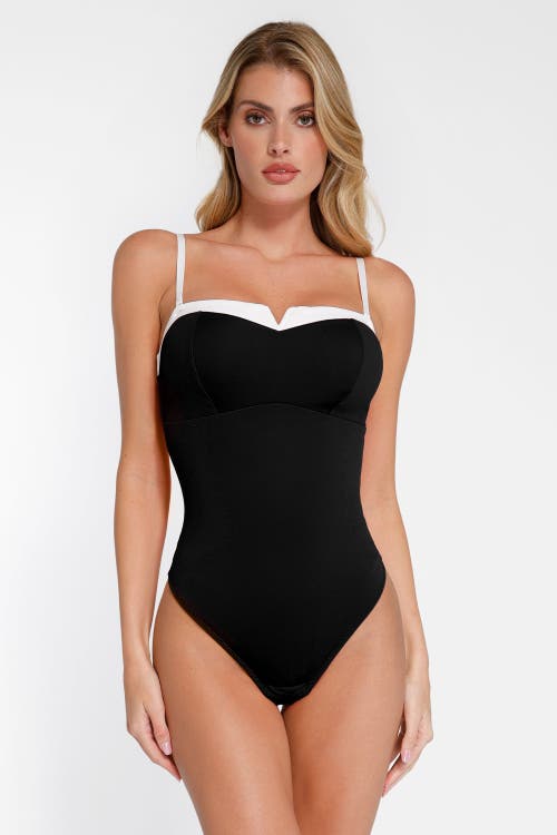 Popilush Shapewear Contrast Bra Strap Tummy Control Bodysuit In Standard Black