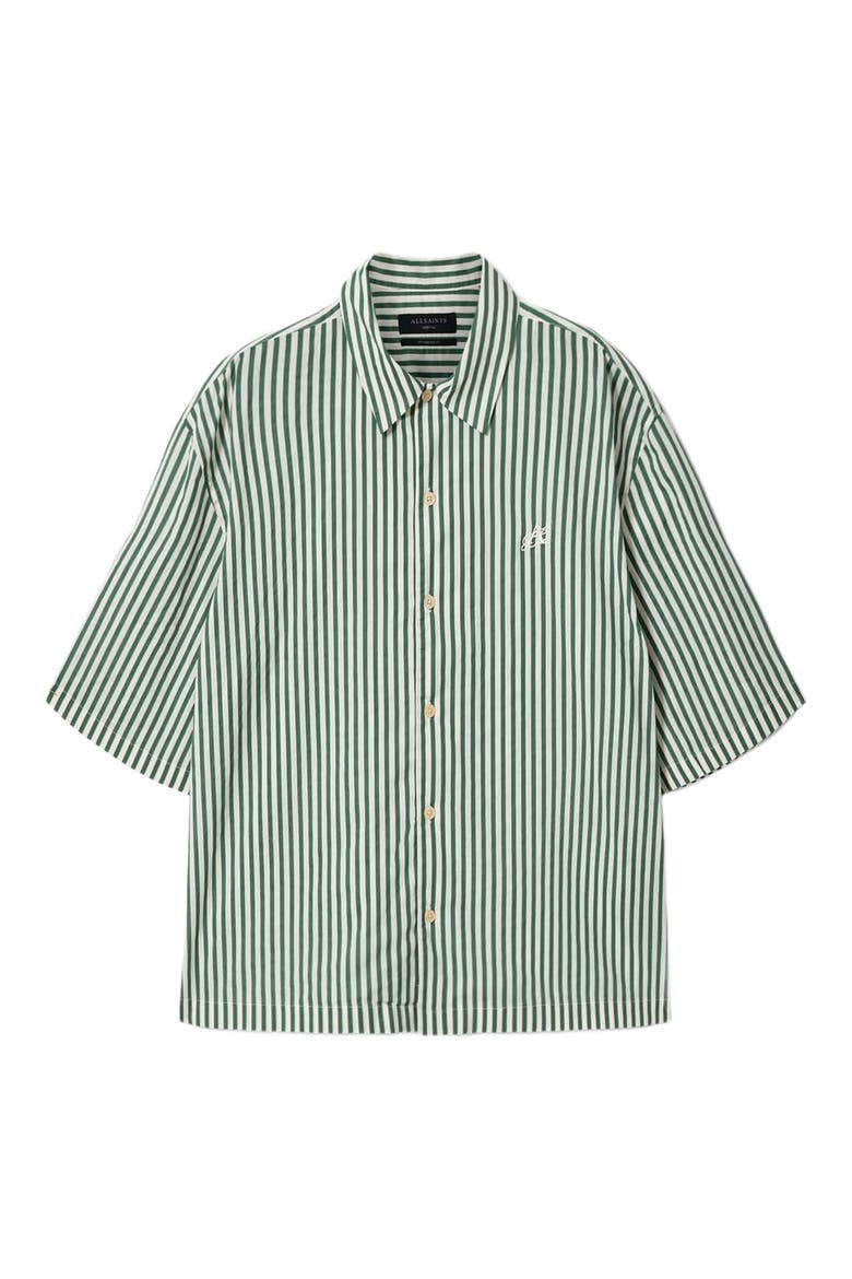 Chopin Oversize Stripe Short Sleeve Cotton Button-Up Shirt, Alternate, color, GREEN/ WHITE