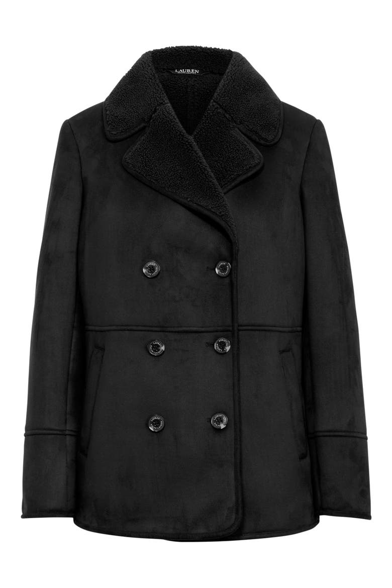 Double Breasted Faux Shearling Coat, Alternate, color, BLACK