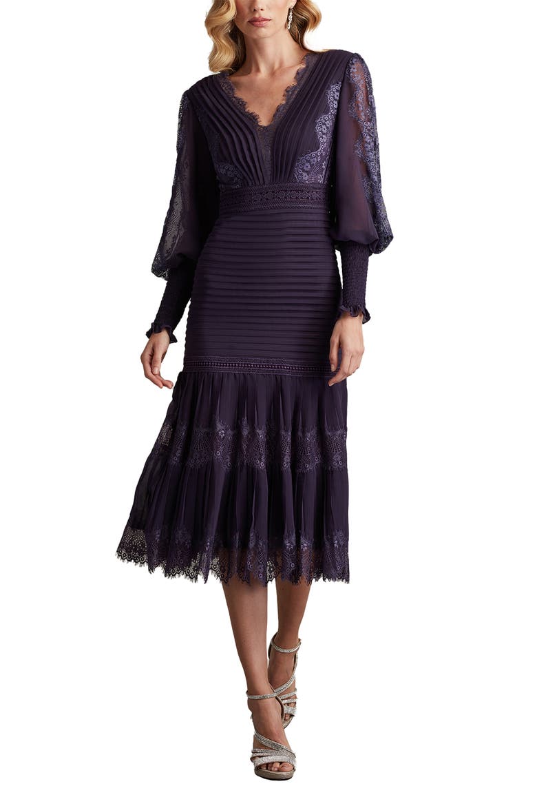 Lace Pintuck Long Sleeve Cocktail Dress, Alternate, color, EGGPLANT