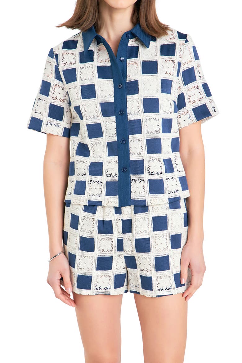 Crochet Lace Patchwork Short Sleeve Button-Up Shirt, Alternate, color, NAVY MULTI