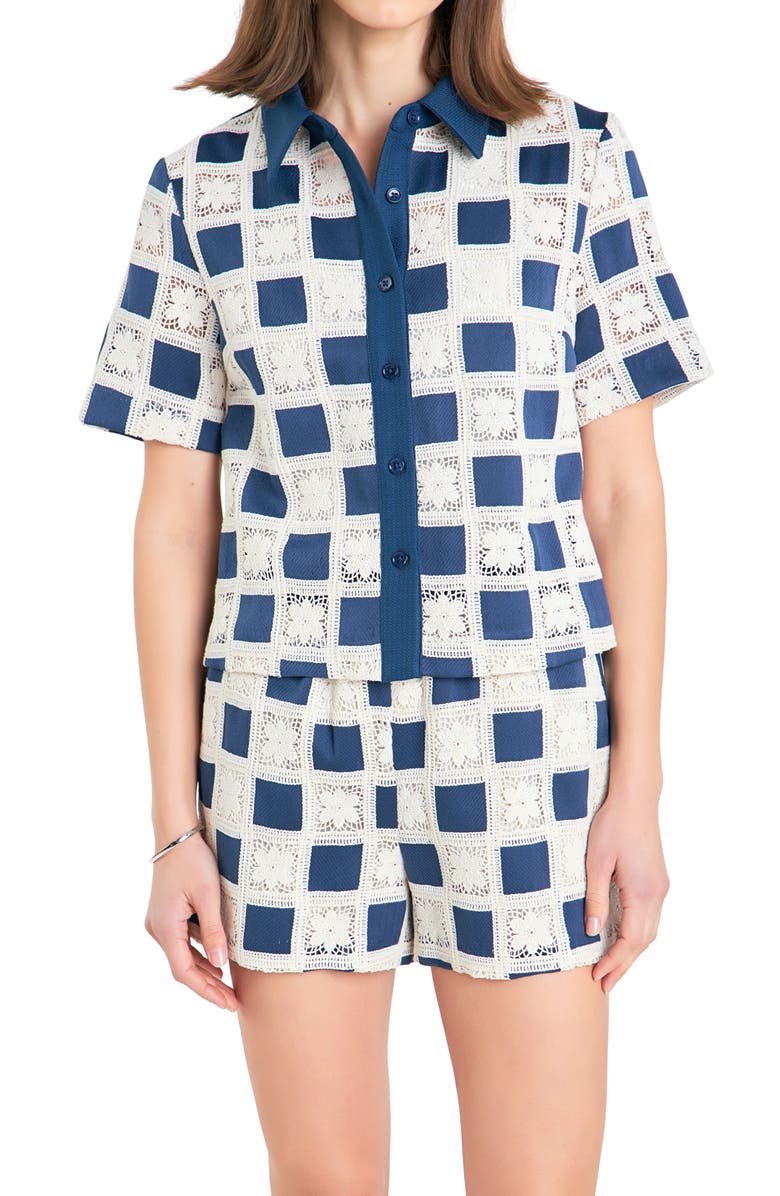 English Factory Crochet Lace Patchwork Short Sleeve Button-Up Shirt, Alternate, color, 