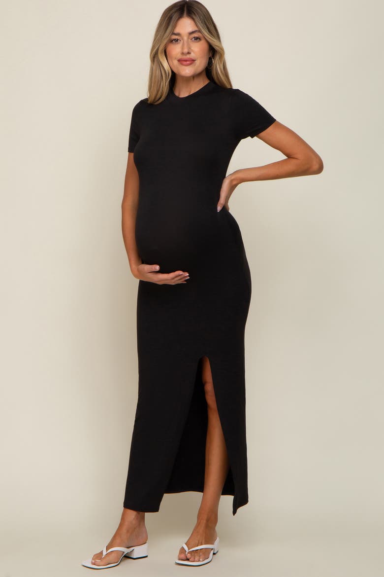 Mock Neck Front Slit Short Sleeve Maxi Dress, Alternate, color, Black