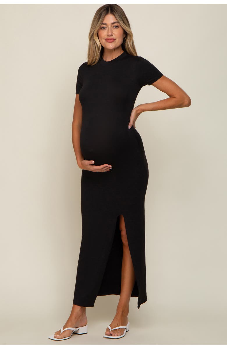 PinkBlush Mock Neck Front Slit Short Sleeve Maxi Dress, Alternate, color, Black