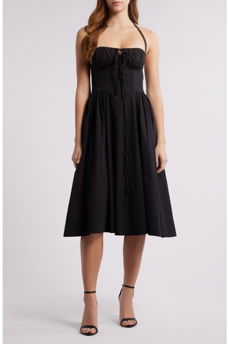 Halter Neck Corset Bodice Cotton Dress, Main, color, BLACK