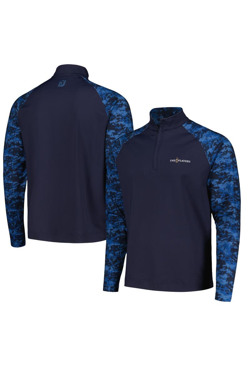 Men's FootJoy Navy THE PLAYERS Camo Color Block Raglan Midlayer Quarter-Zip Top, Main, color, Navy