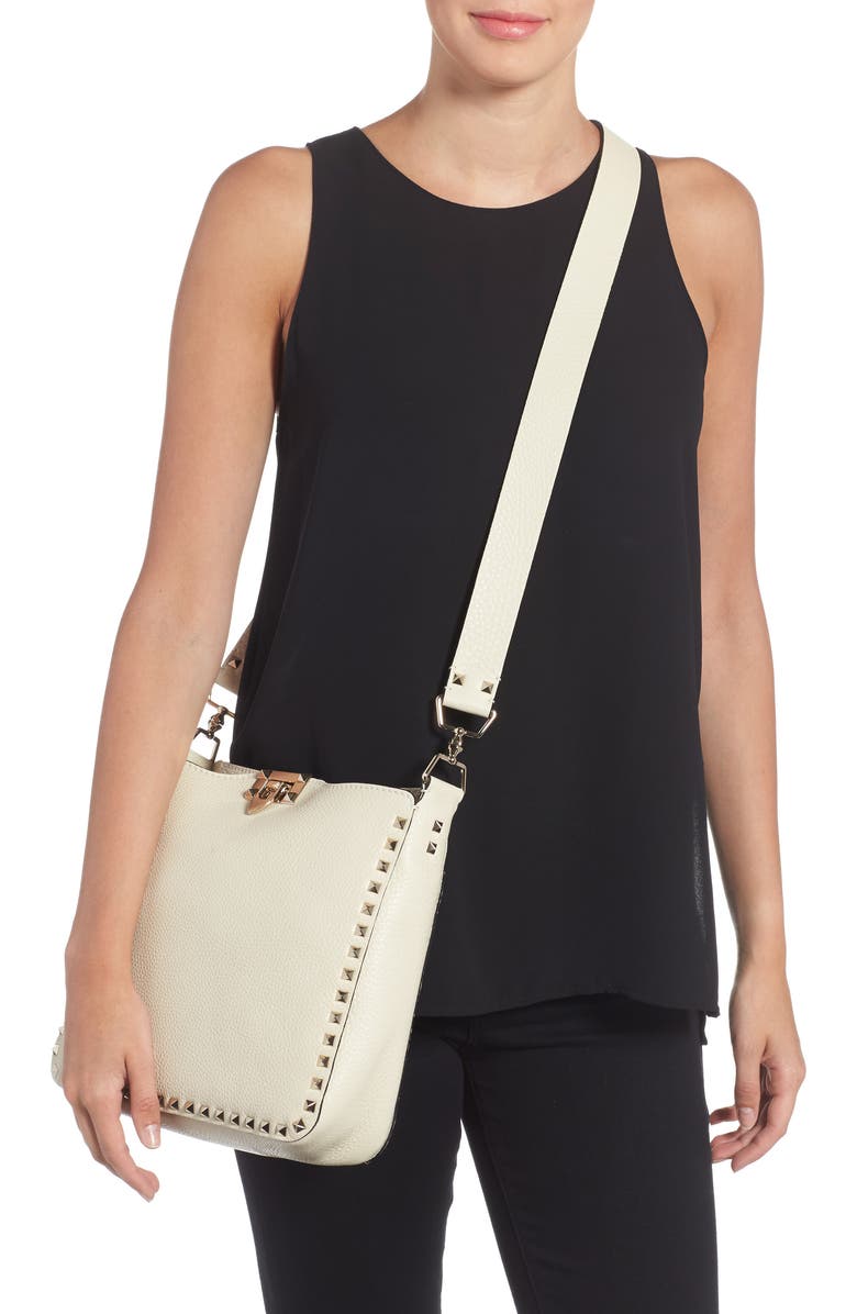 Valentino Garavani Small Rockstud Leather Hobo, Alternate, color,