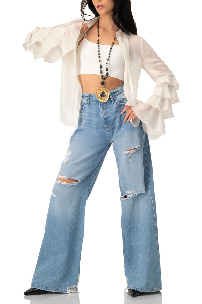 Sheer Shirt with Tiered Ruffle Sleeves, Alternate, color, Natural
