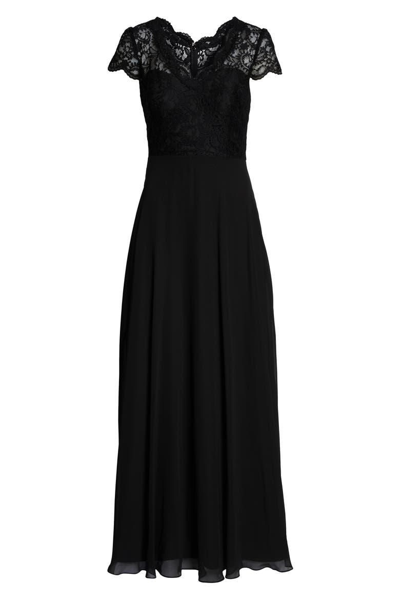 Lace & Chiffon Cap Sleeve Gown, Alternate, color, BLACK