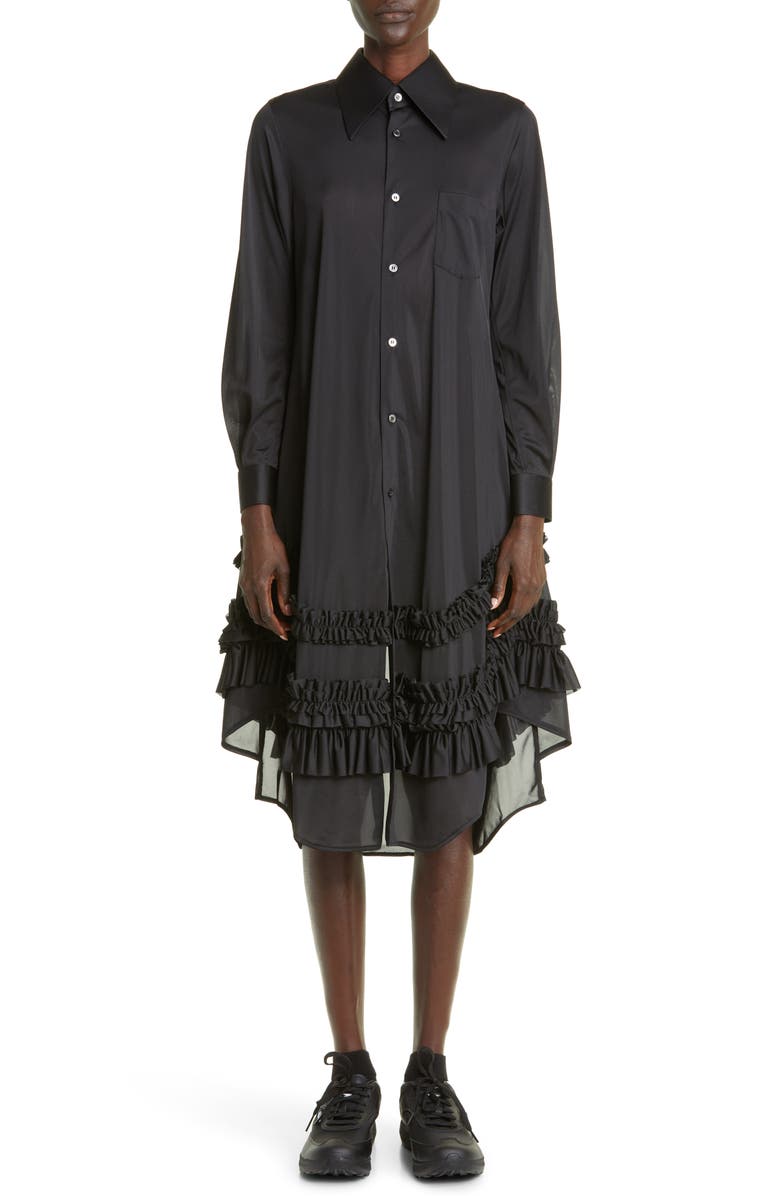 Comme des Garçons Ruffle Trim Long Sleeve High-Low Tricot Shirtdress, Alternate, color,