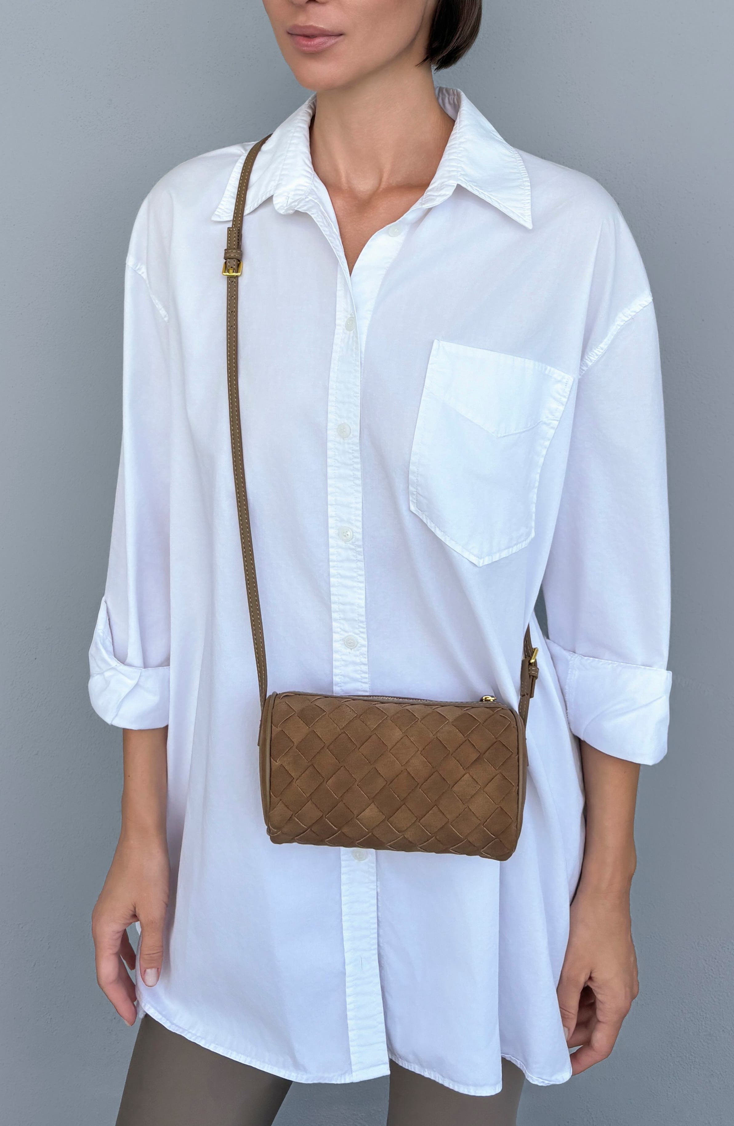 Mini Woven Faux Leather Shoulder Bag, Alternate, color, BROWN