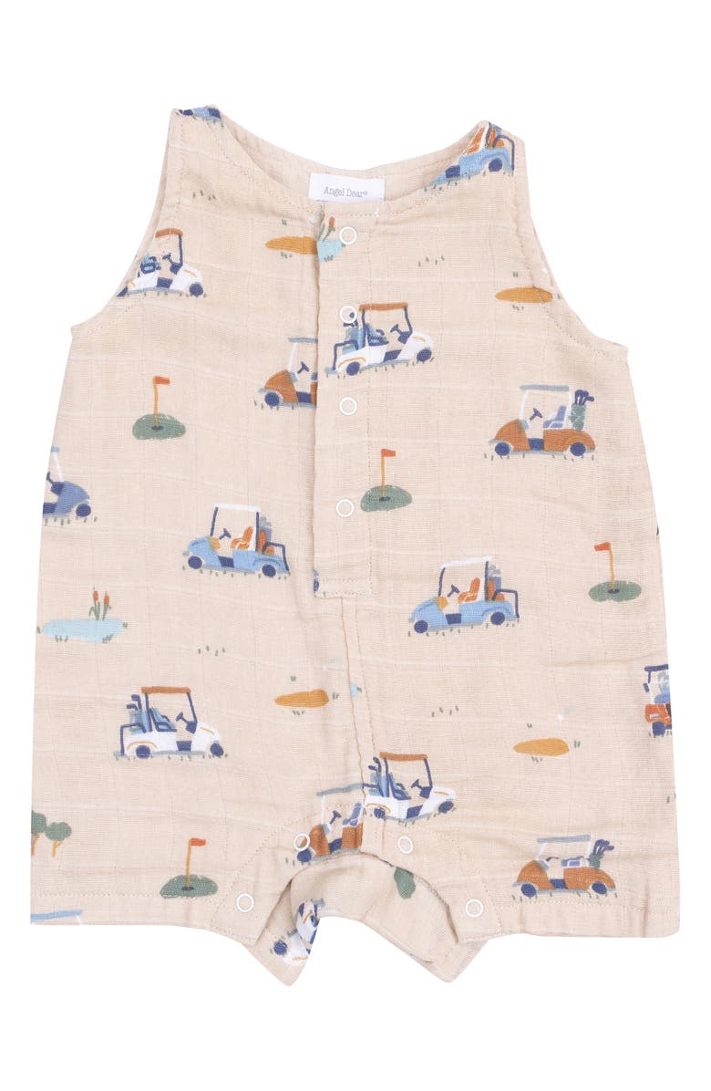 Angel Dear Golf Print Sleeveless Organic Cotton Gauze Romper, Main, color, 