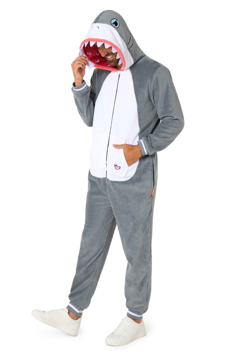 Shark Hooded Fleece Costume Jumpsuit, Main, color, GREY