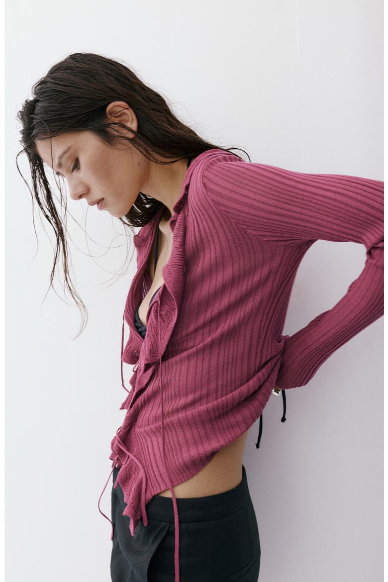 Ruffle Rib Tie Front Cardigan, Alternate, color, WINE