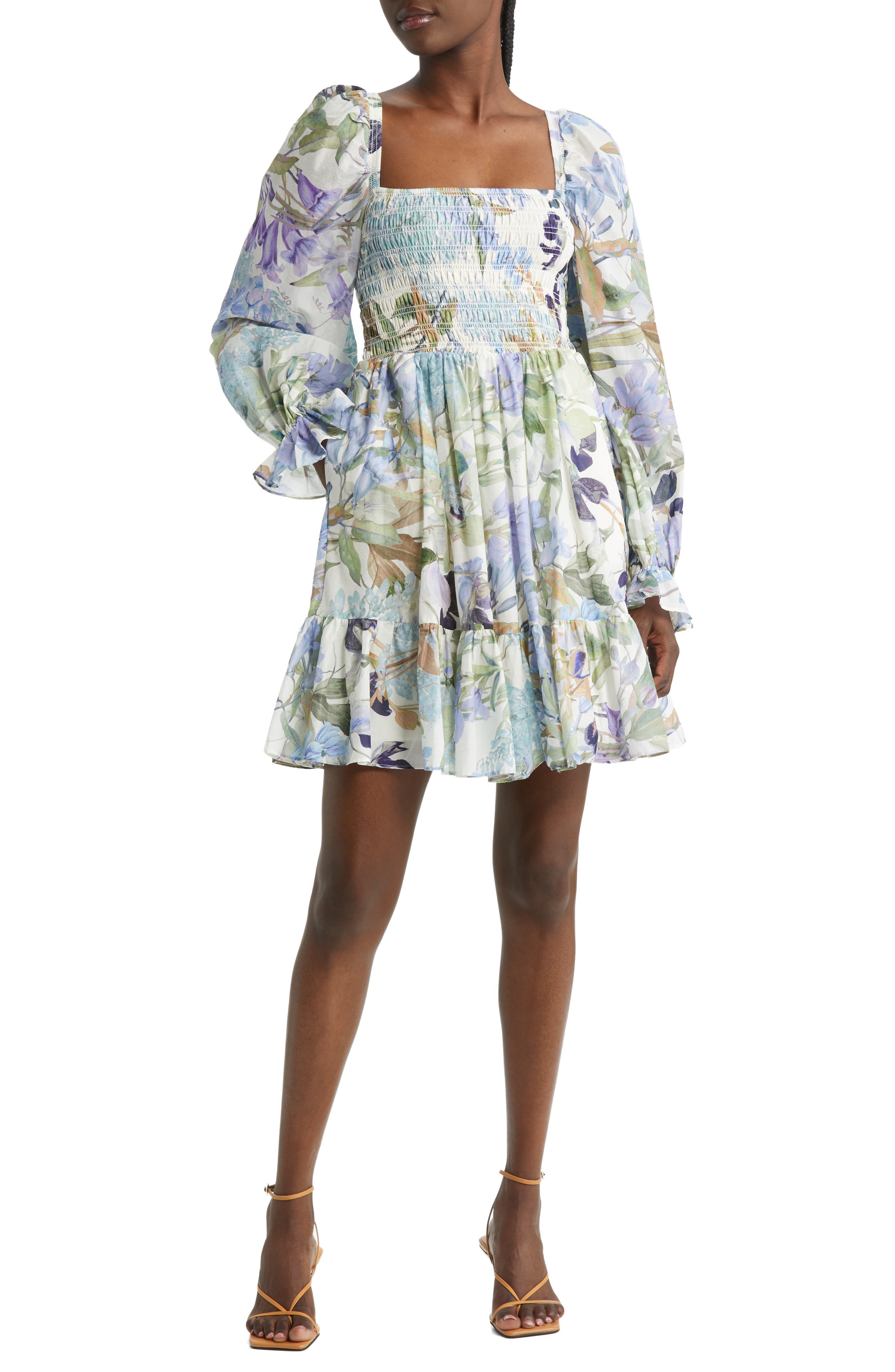 & Other Stories Floral Long Sleeve Smocked Cotton Dress