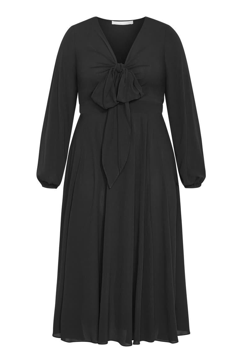 Adelyn Tie Front Long Sleeve Midi Dress, Alternate, color, BLACK