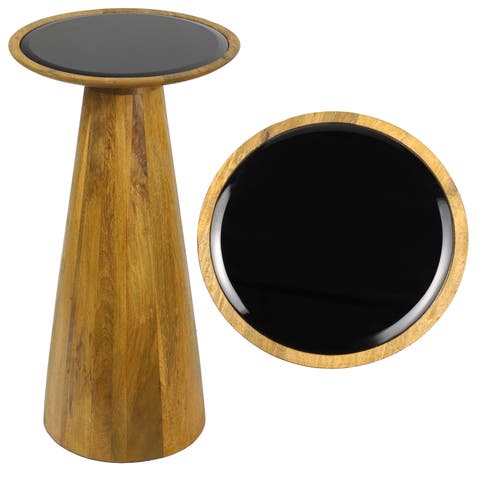 Linden 21.5" Farmhouse Industrial Mango Wood Drink Table and Decorative End Table with Round Black Glass Top and Cone Pedestal Base