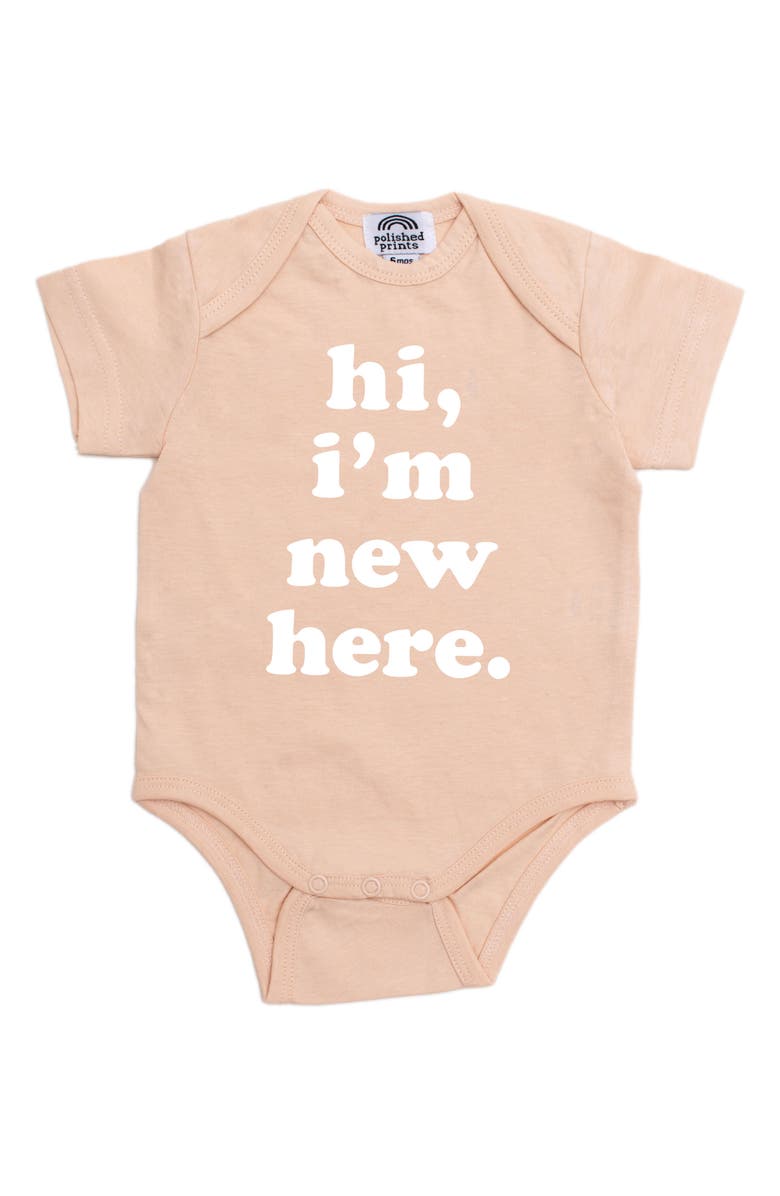 POLISHED PRINTS Hi I'm New Here Organic Cotton Bodysuit, Main, color, 