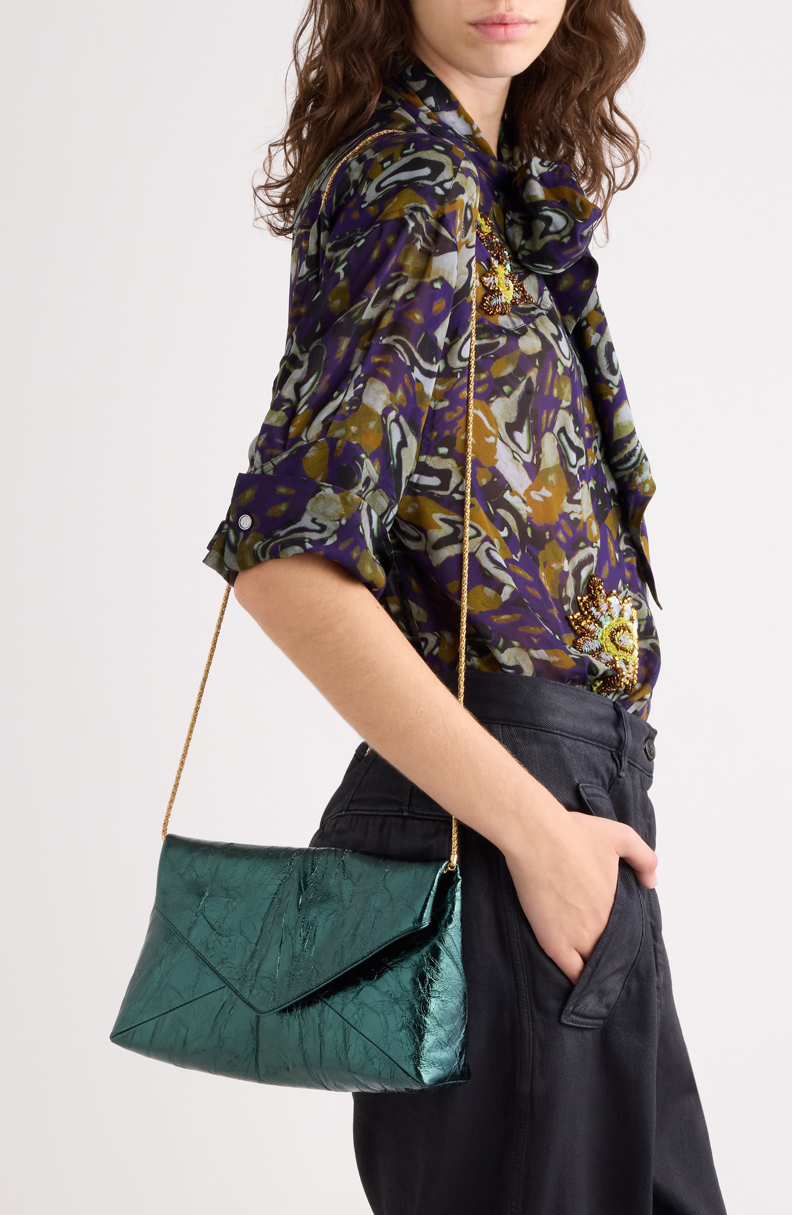 Metallic Lambskin Leather Envelope Clutch, Alternate, color, FOREST 610