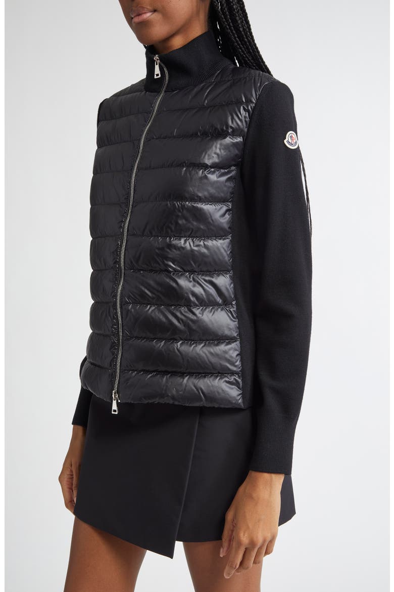 Quilted Nylon & Wool Knit Cardigan, Alternate, color, BLACK