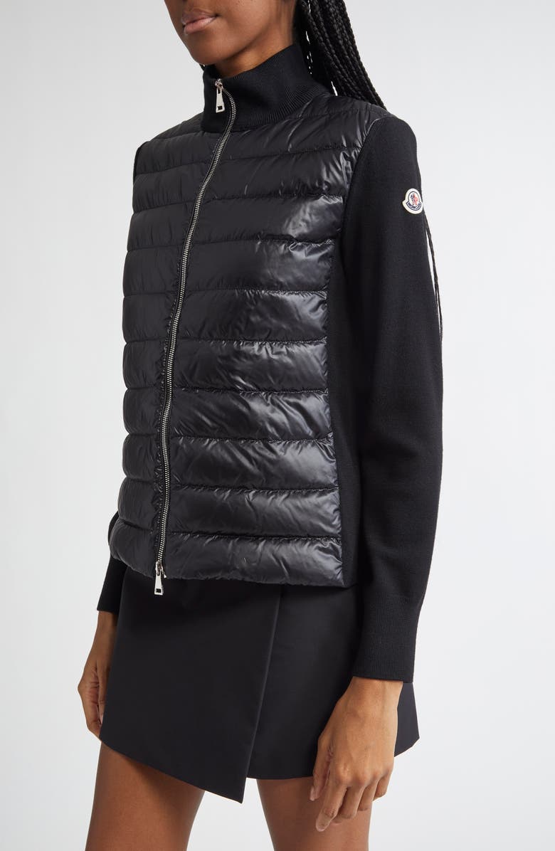 Moncler Wool Knit & Down Cardigan, Alternate, color, Black