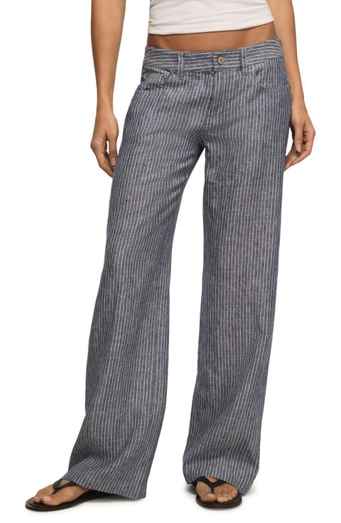 Stripe Linen Baggy Wide Leg Pants