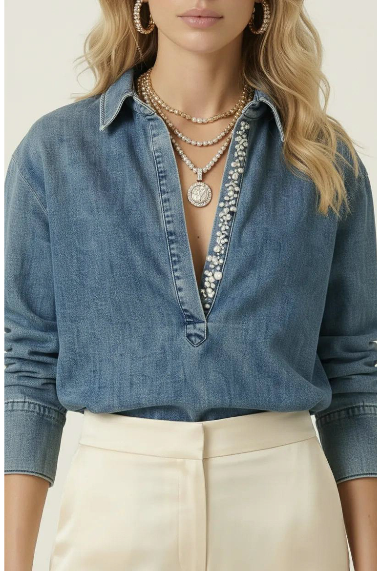 Denim Popover Top, Main, color, Medium Wash Blue