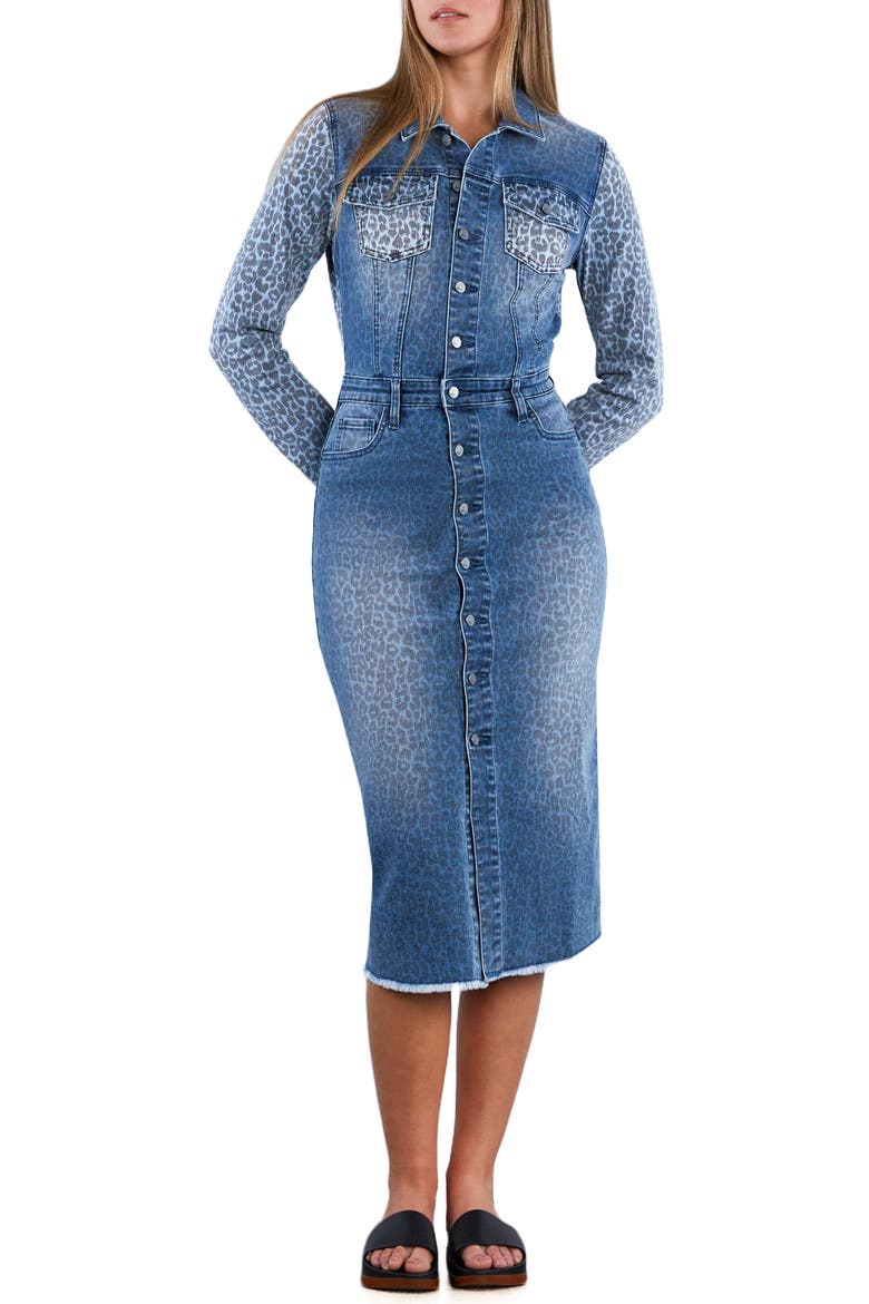 Animal Print Long Sleeve Denim Midi Shirtdress, Main, color, MIXED DENIM LEOPARD