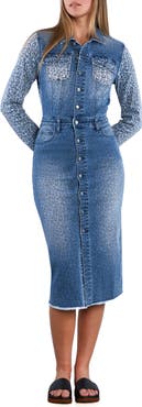 Wash Lab Denim Animal Print Long Sleeve Denim Midi Shirtdress