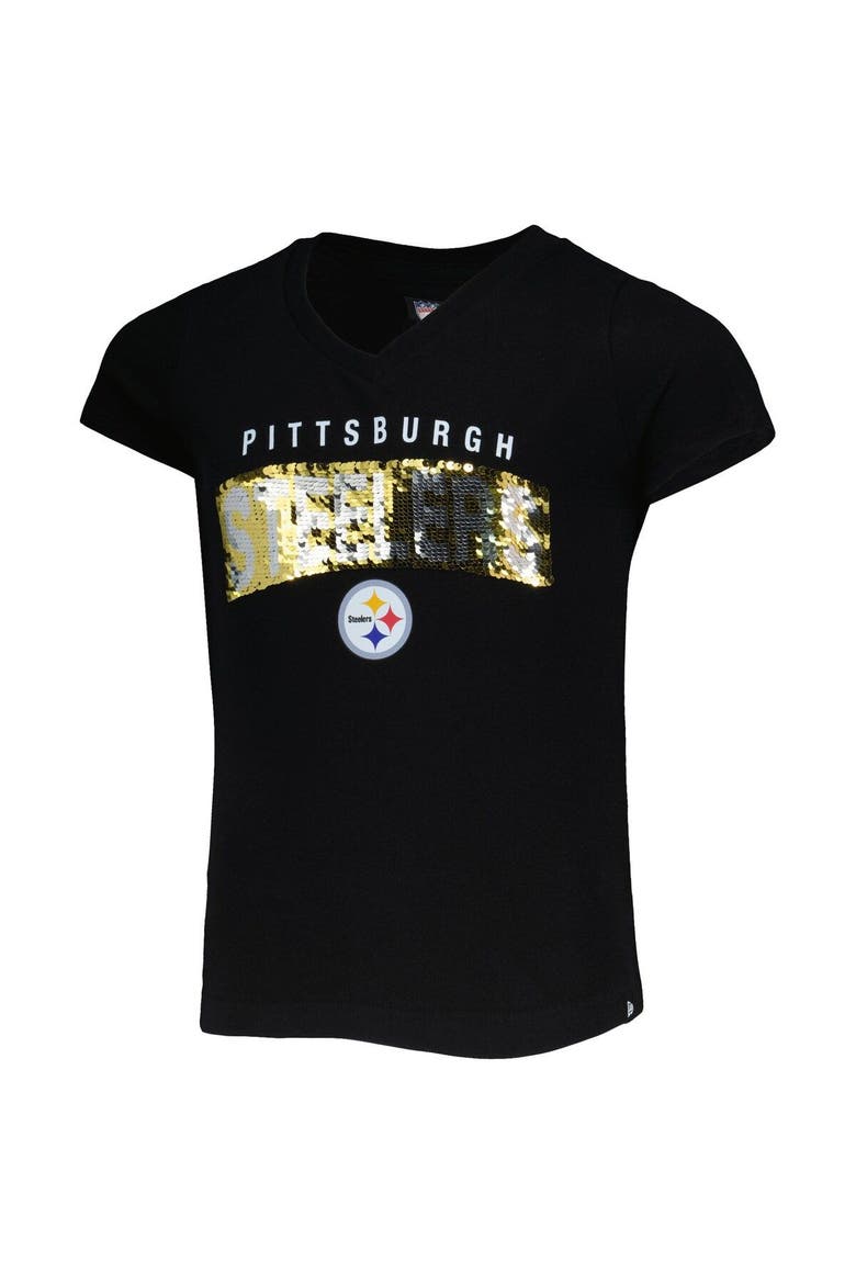 Girls Youth New Era Black Pittsburgh Steelers Reverse Sequin Wordmark V-Neck T-Shirt, Alternate, color, Black