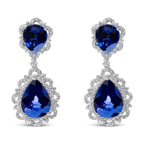 18K White Gold Blue Sapphire & 2.0 Cttw Diamond Halo Drop & Dangle Earring
