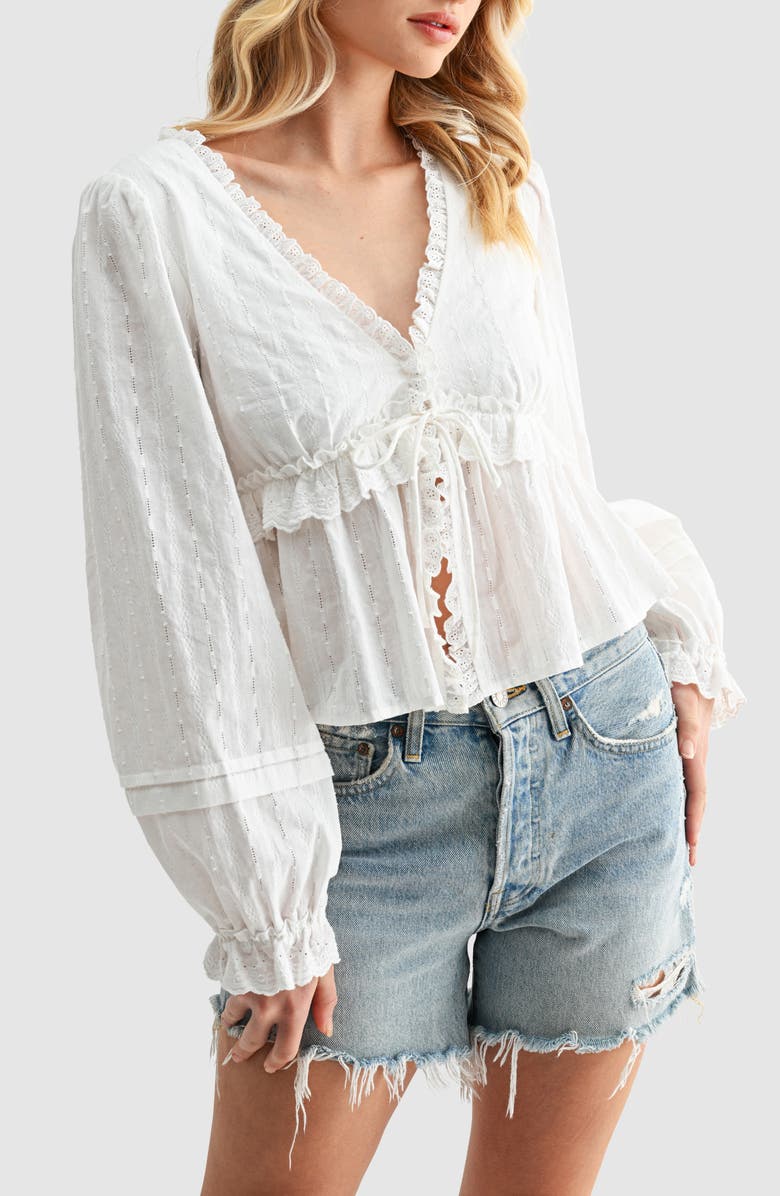 Lush Embroidered Eyelet Long Sleeve Peplum Crop Top, Alternate, color, Off White