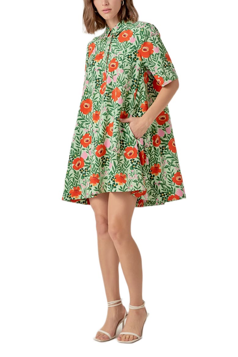 Floral Short Sleeve Cotton Shirtdress, Alternate, color, LIME MULTI