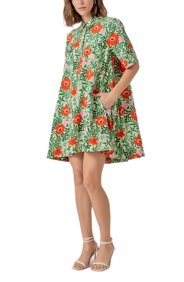 English Factory Floral Short Sleeve Cotton Shirtdress, Alternate, color, Lime Multi