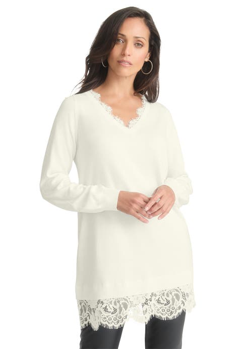 Lace Trim Pullover Sweater (Plus)