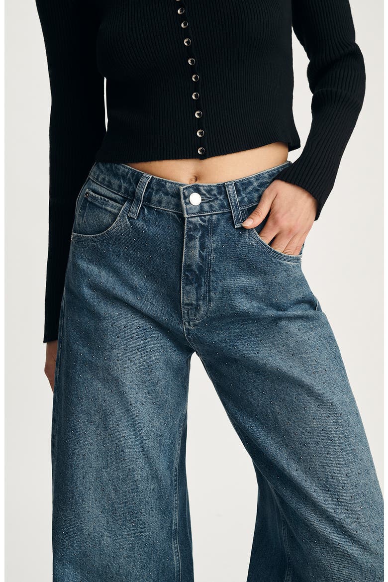 Siena Embellished High Waist Wide Leg Jeans, Alternate, color, MID BLUE SHINY DENIM